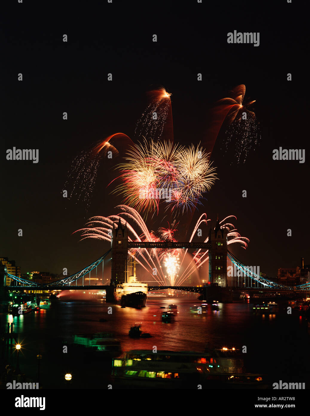 London firework display over Tower Bridge, River Thames, England, Great Britain, UK Stock Photo