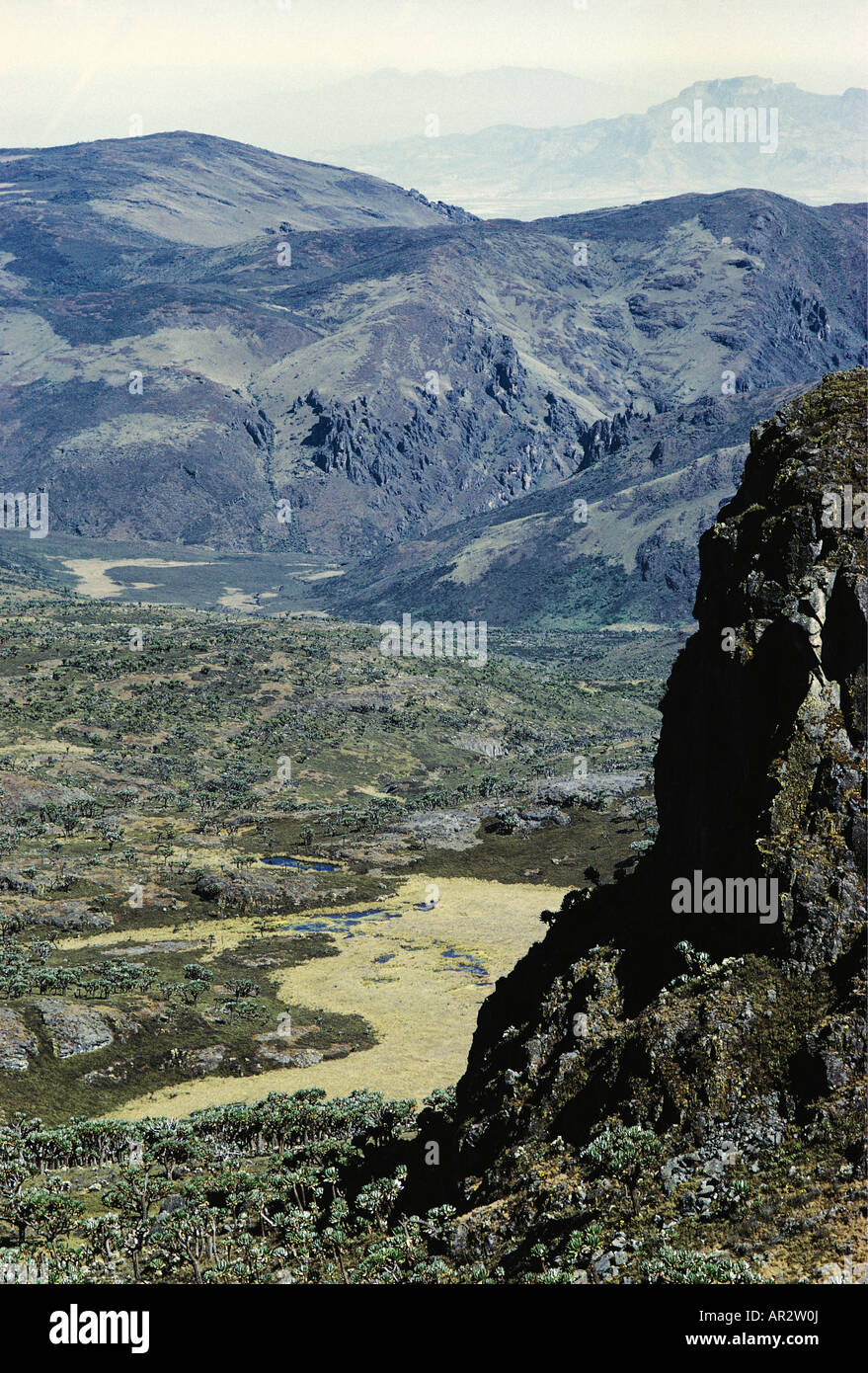 Looking down a rocky cliff from the crater rim of Mount Elgon to the ...