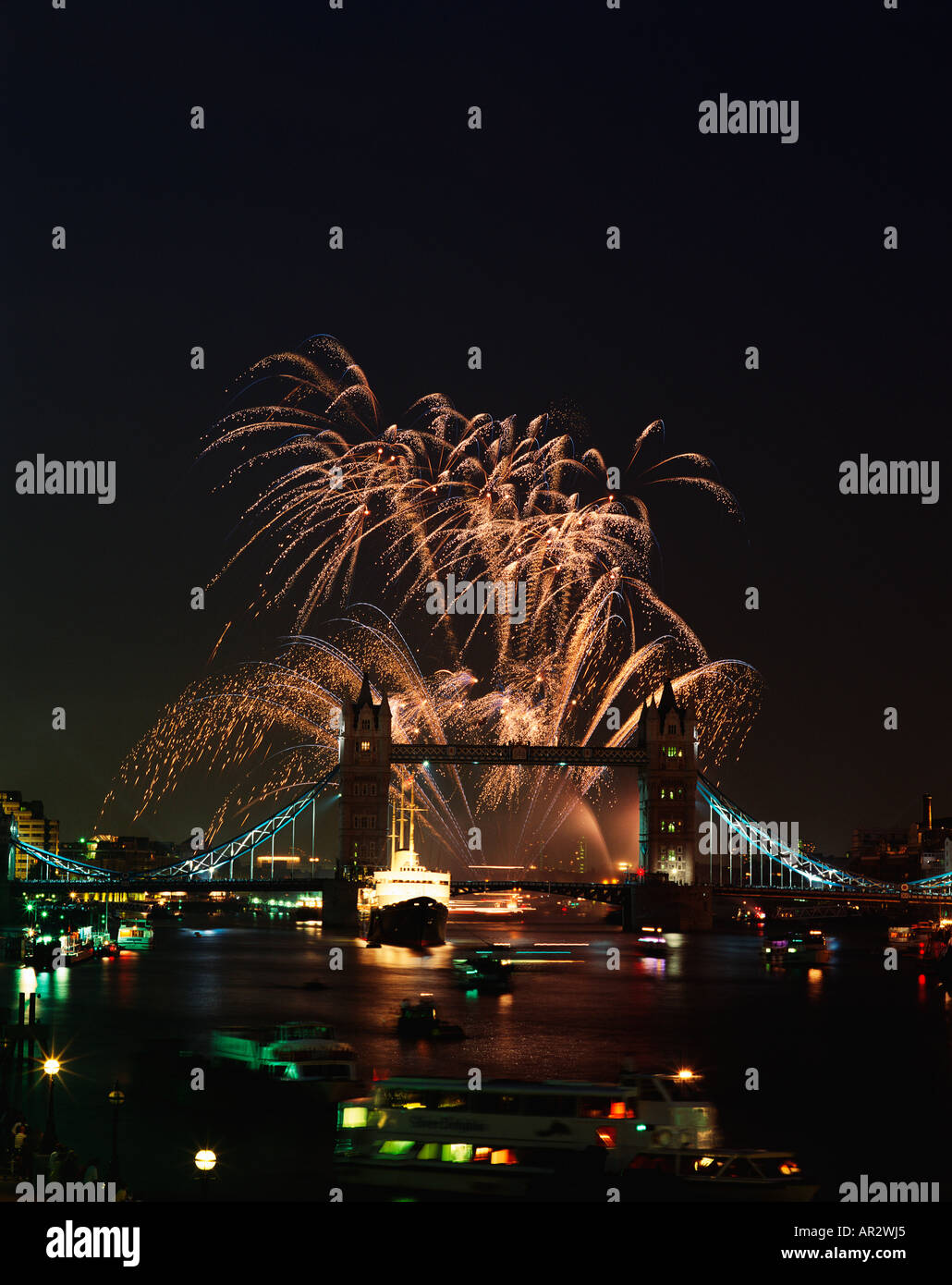 Firework display over Tower Bridge River Thames London, England, UK, GB Stock Photo