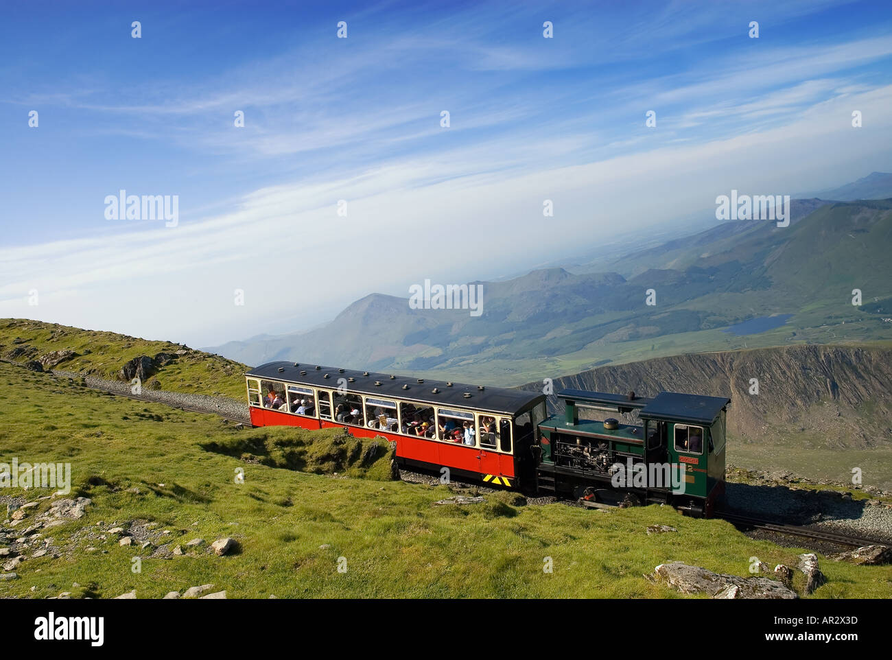 Steam train climbing Mount Snowdon Snowdonia National Park Wales Stock