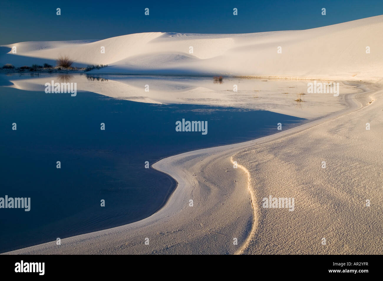 Gypsum sand dunes and pool of water, White Sands National Monument, New Mexico USA Stock Photo
