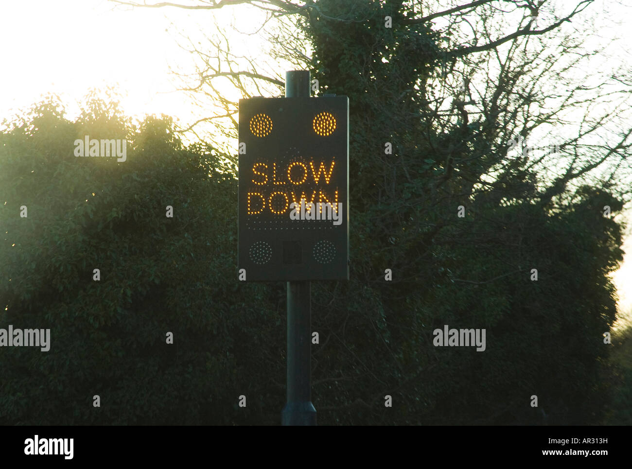 a Slow Down sign alongside a road Stock Photo