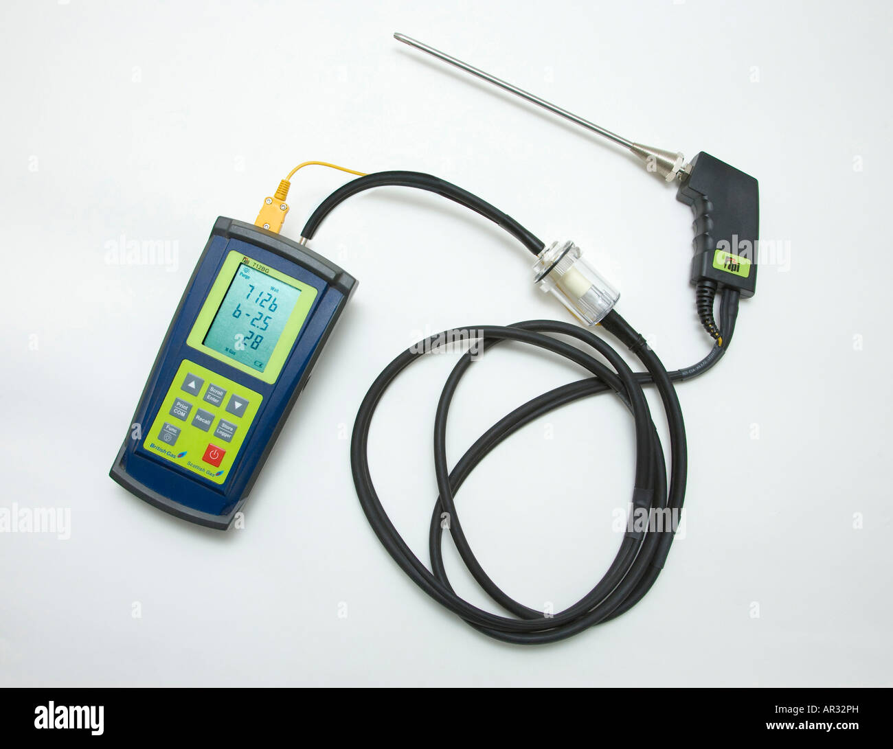 TDI 712 chimney flue gas analyser, measuring temperature and carbon monoxide levels for gas heater performance and safety Stock Photo