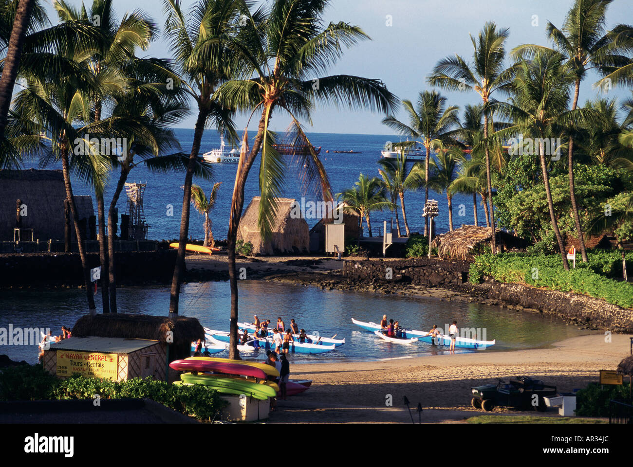 Outrigger Canoes Ahuena Heiau Kailua Kona Island of Hawaii Stock Photo