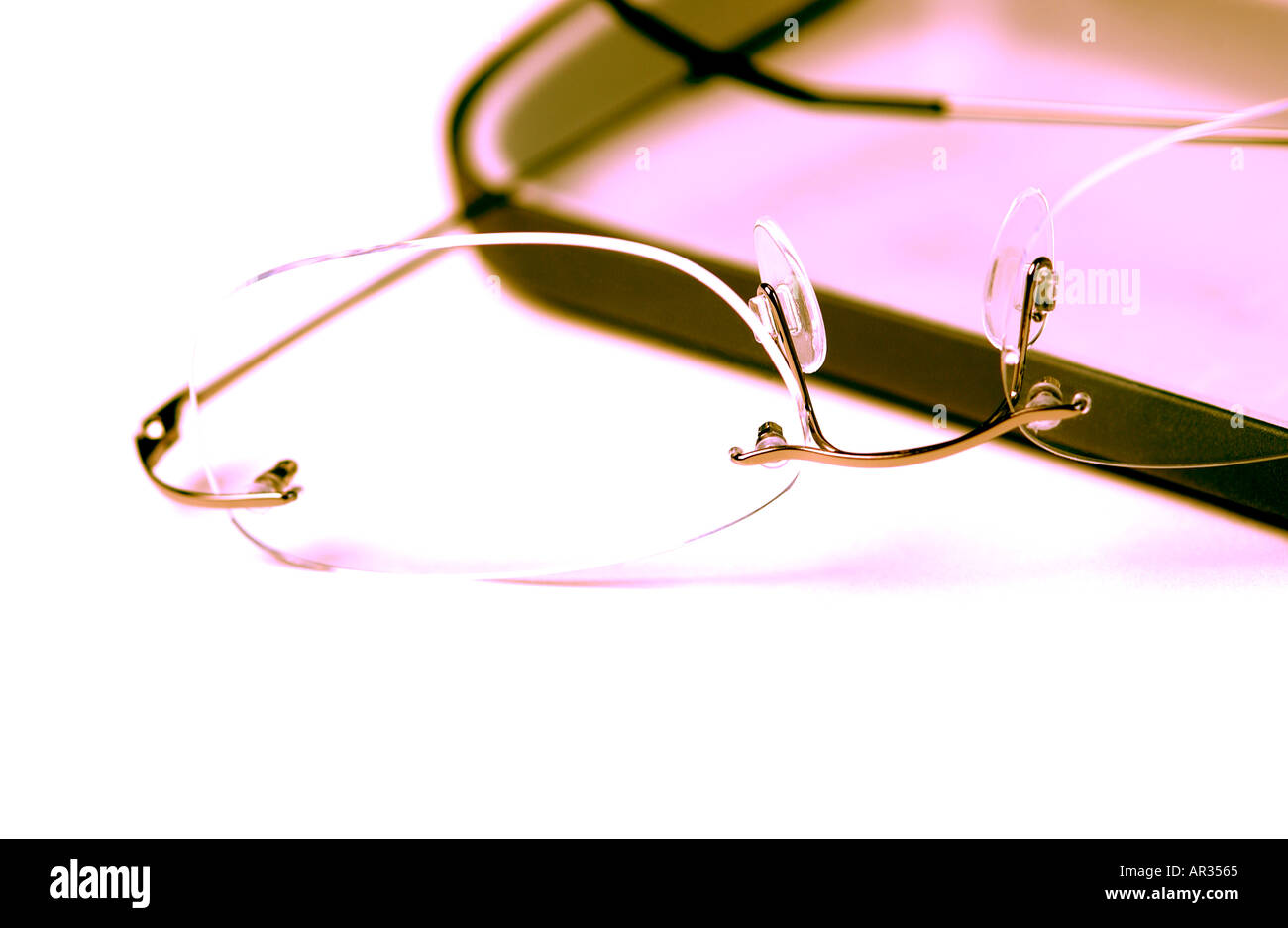 Close up of spectacles pair of Glasses and case Stock Photo