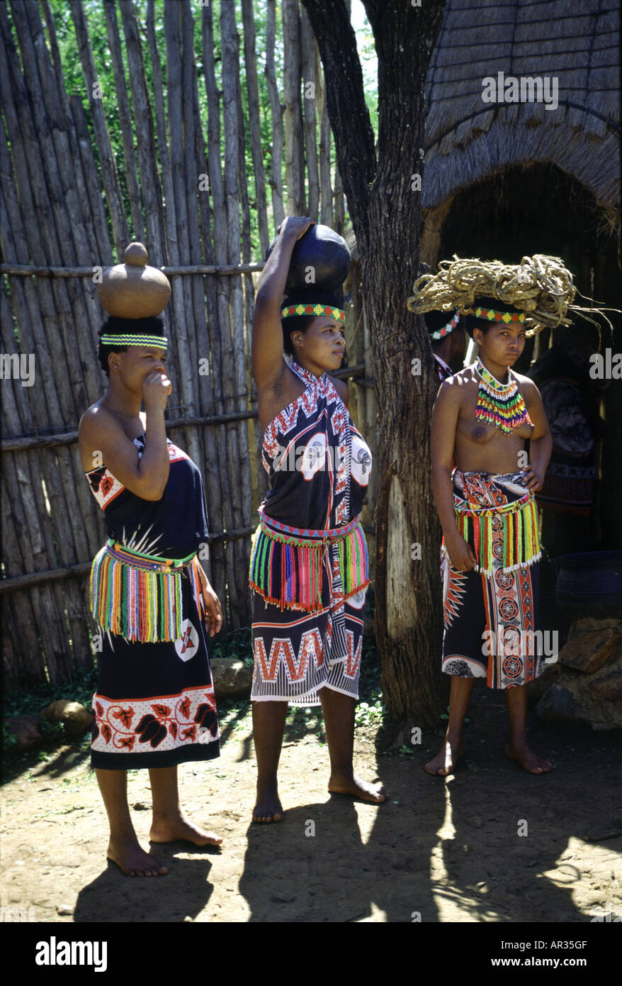 Zulu women wearing traditional costumes at a village, Shakaland, Kwazulu Natal, South Africa, Africa Stock Photo