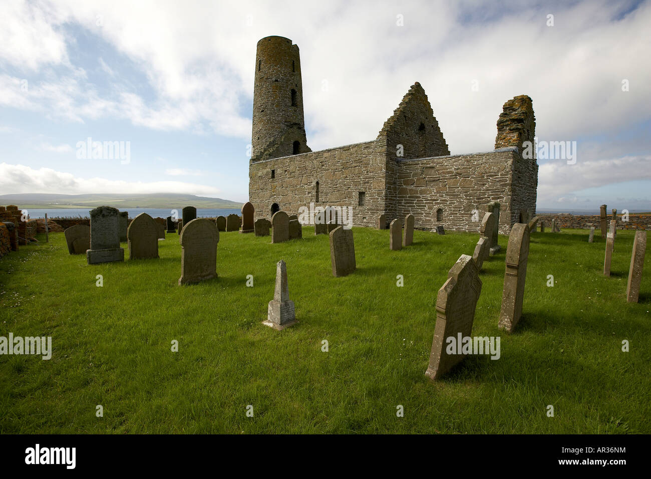 The 12th century St Magnus kirk and tower 14 9m high Egilsay Island Orkney Scotland UK Stock Photo