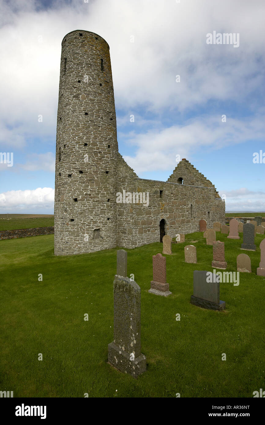 The 12th century St Magnus kirk and tower 14 9m high Egilsay Island Orkney Scotland UK Stock Photo