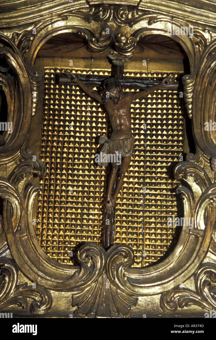 The Crucifixion small wooden statue in Barcelona Cathedral Spain Stock