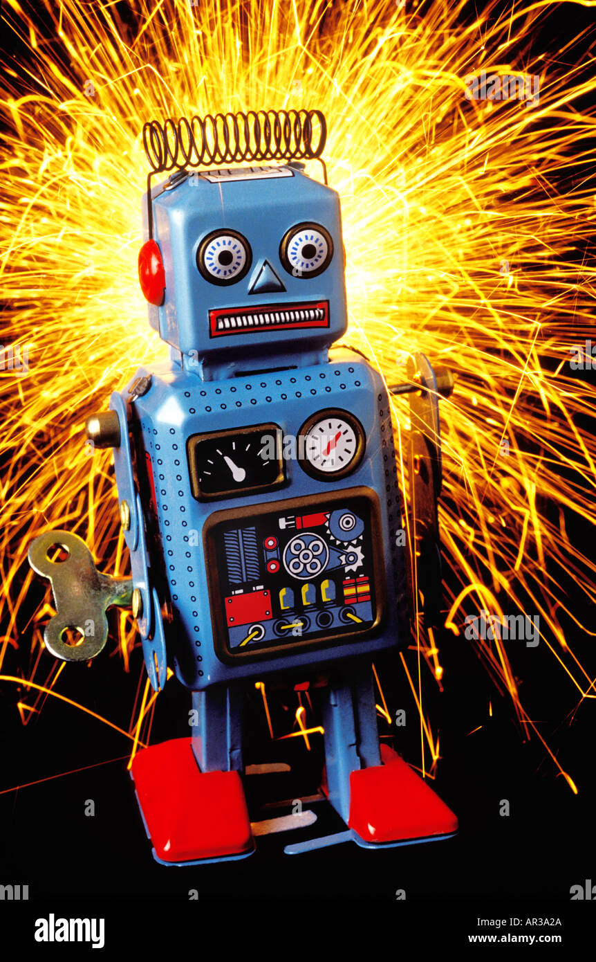 Blue toy robot wind up toy sparking Stock Photo Alamy