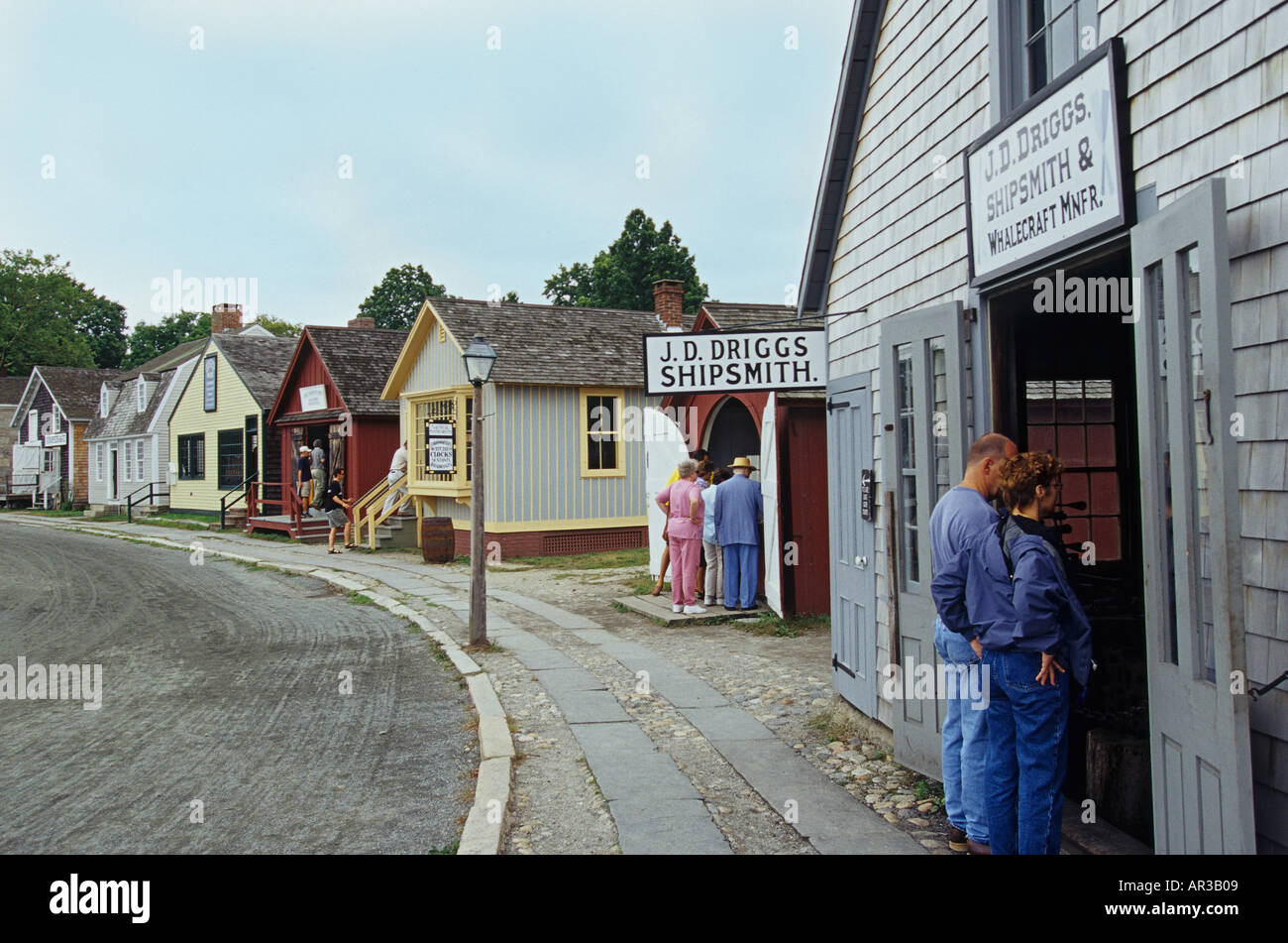 Connecticut Mystic Seaport vistors viewing period buildings Stock Photo