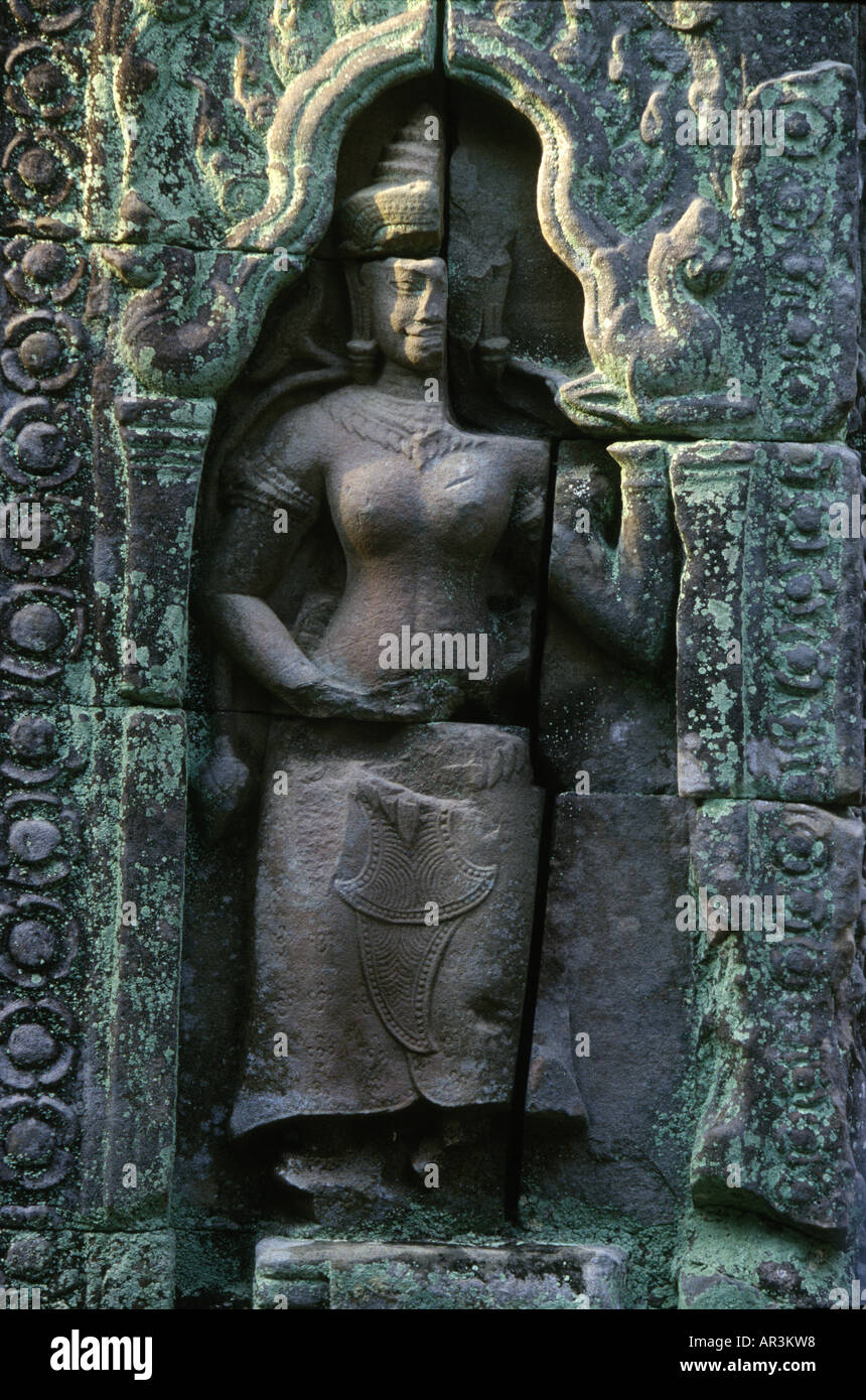 Damage on Apsara, Ta Prom temple, Siem Raep, Angkor Cambodia, Asia Stock Photo