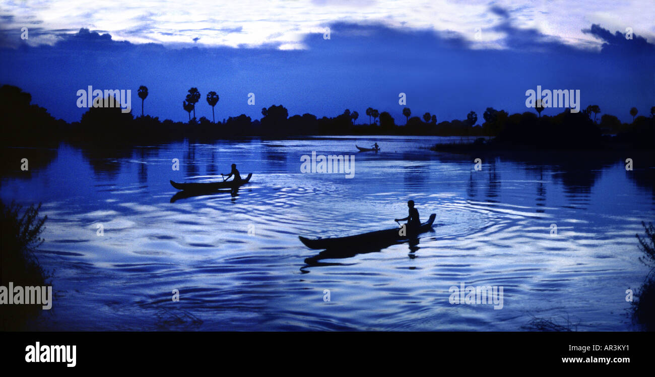 Fishermen on the Mekong river in the evening, Siem Reap Province, Cambodia, Asia Stock Photo