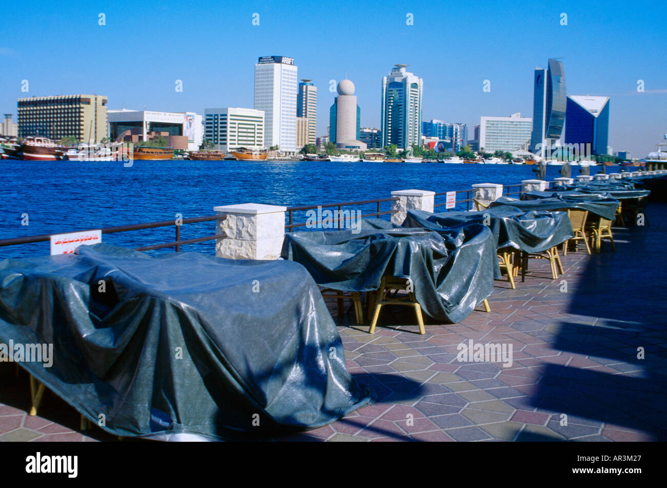 Dubai UAE Closed Restaurant with Tables Covered for Ramadan Stock Photo