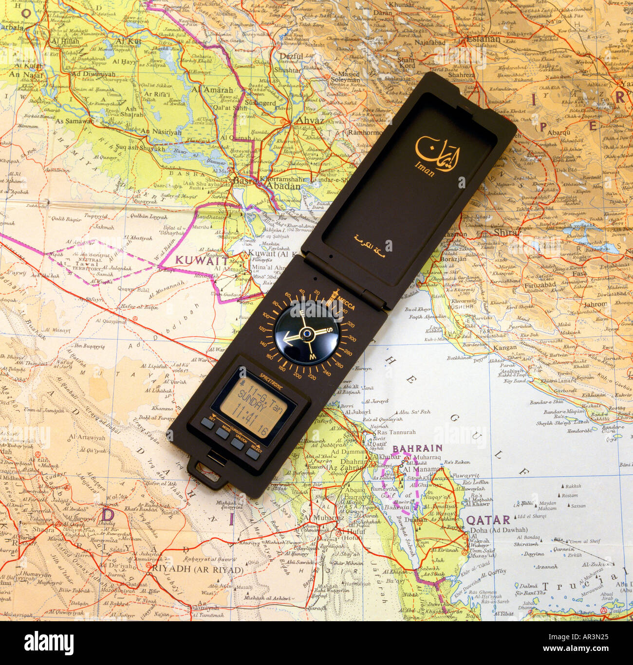 Qibla Compass Used For Finding The Direction of Makkah & Map of Middle East  Stock Photo - Alamy