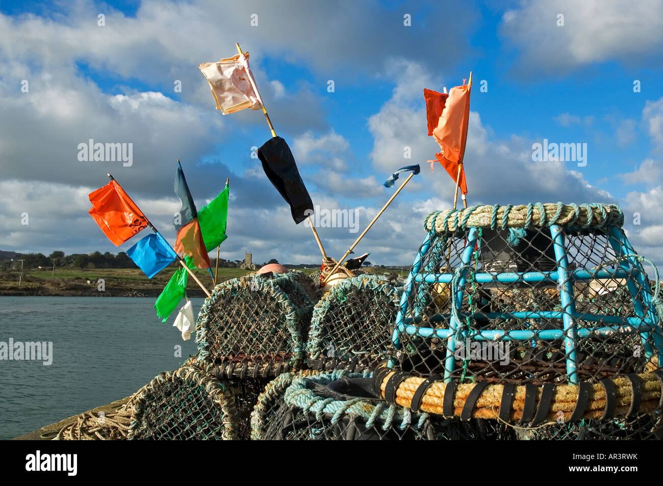 lobster and crab pots on the harbour at  hayle in cornwall. uk Stock Photo