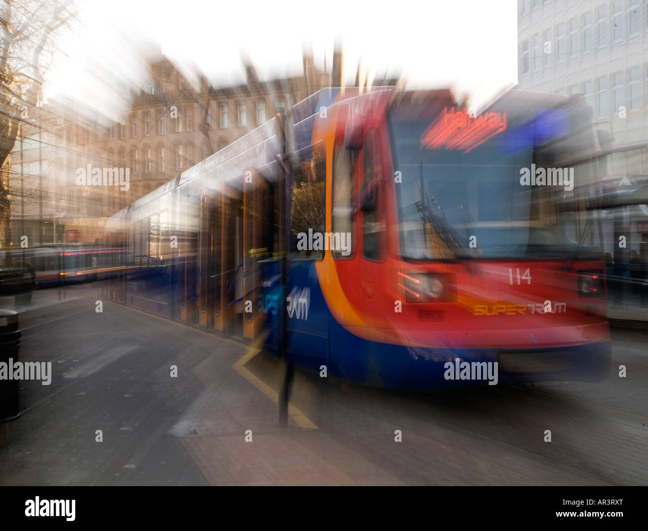 Supertram Sheffield, South Yorkshire,Northern England, tram moving and blurred Stock Photo