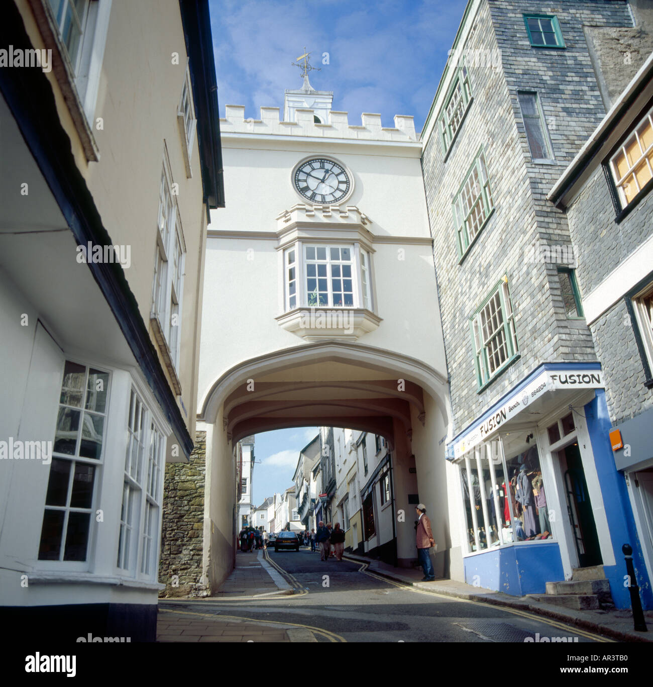 The Tudor East Gate Arch across Fore Street Totnes Devon Stock Photo