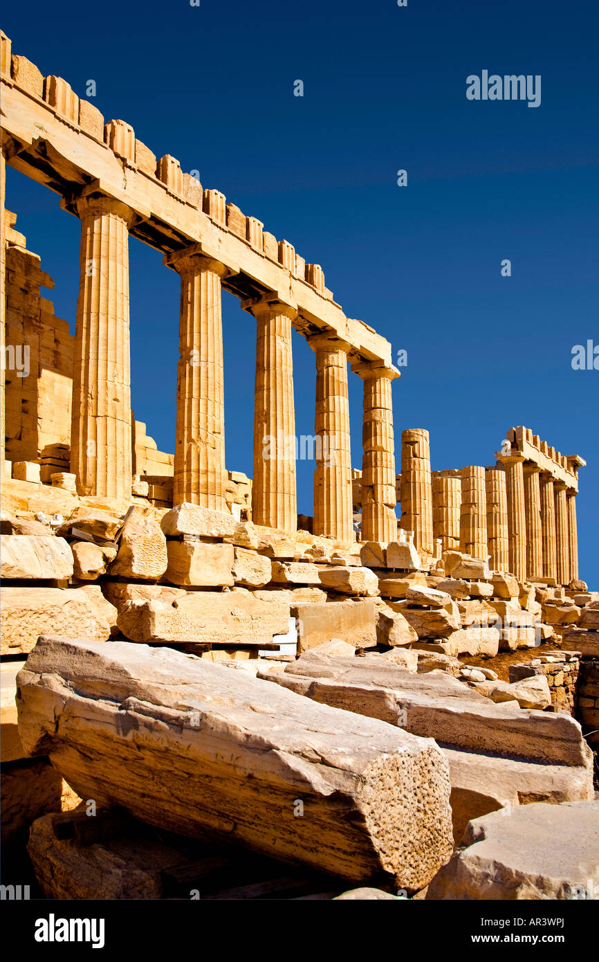 The Parthenon at the Acropolis Athens Attiki Greece Temple of Athena Greece’s finest cultural achievement-broken columns Stock Photo