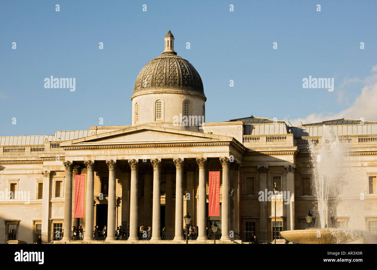 National Gallery and fountain at Trafalgar Square,London,UK Stock Photo