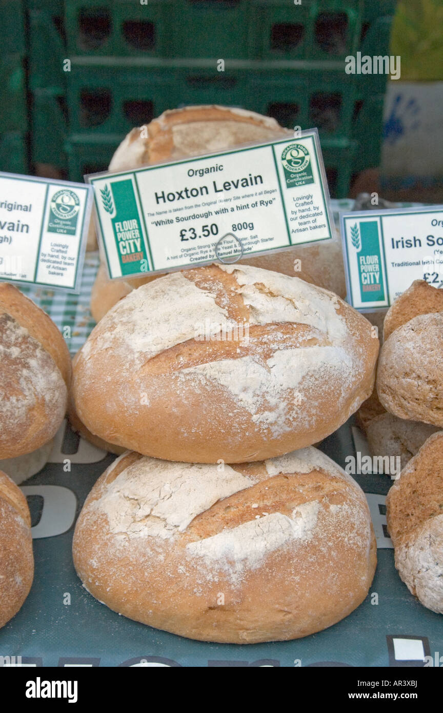 Organic bread for sale at Islington Farmers Market London England UK Stock Photo