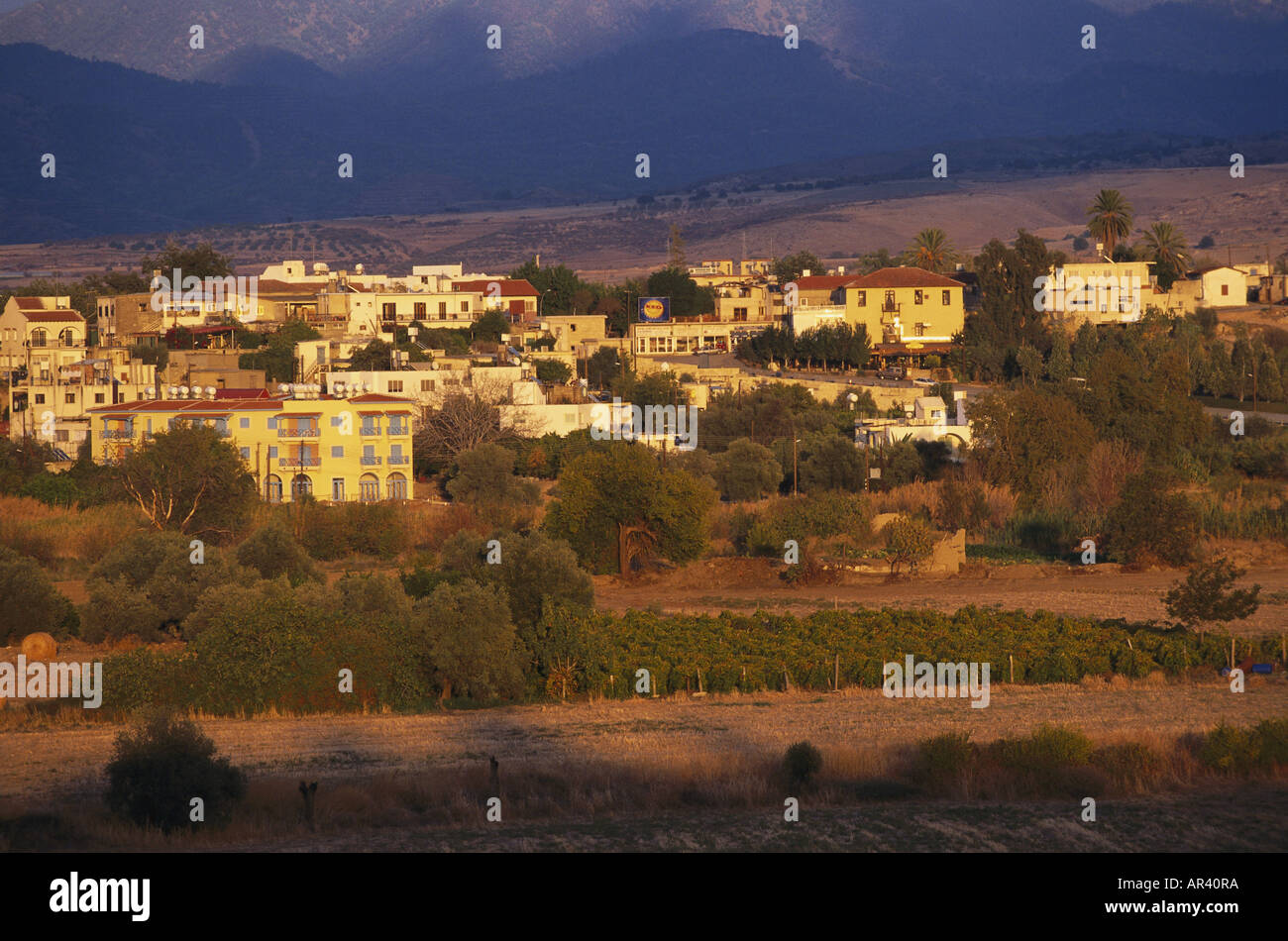 Polis village, in the backgrounsd foothills of Troodos mountains, Cyprus Stock Photo