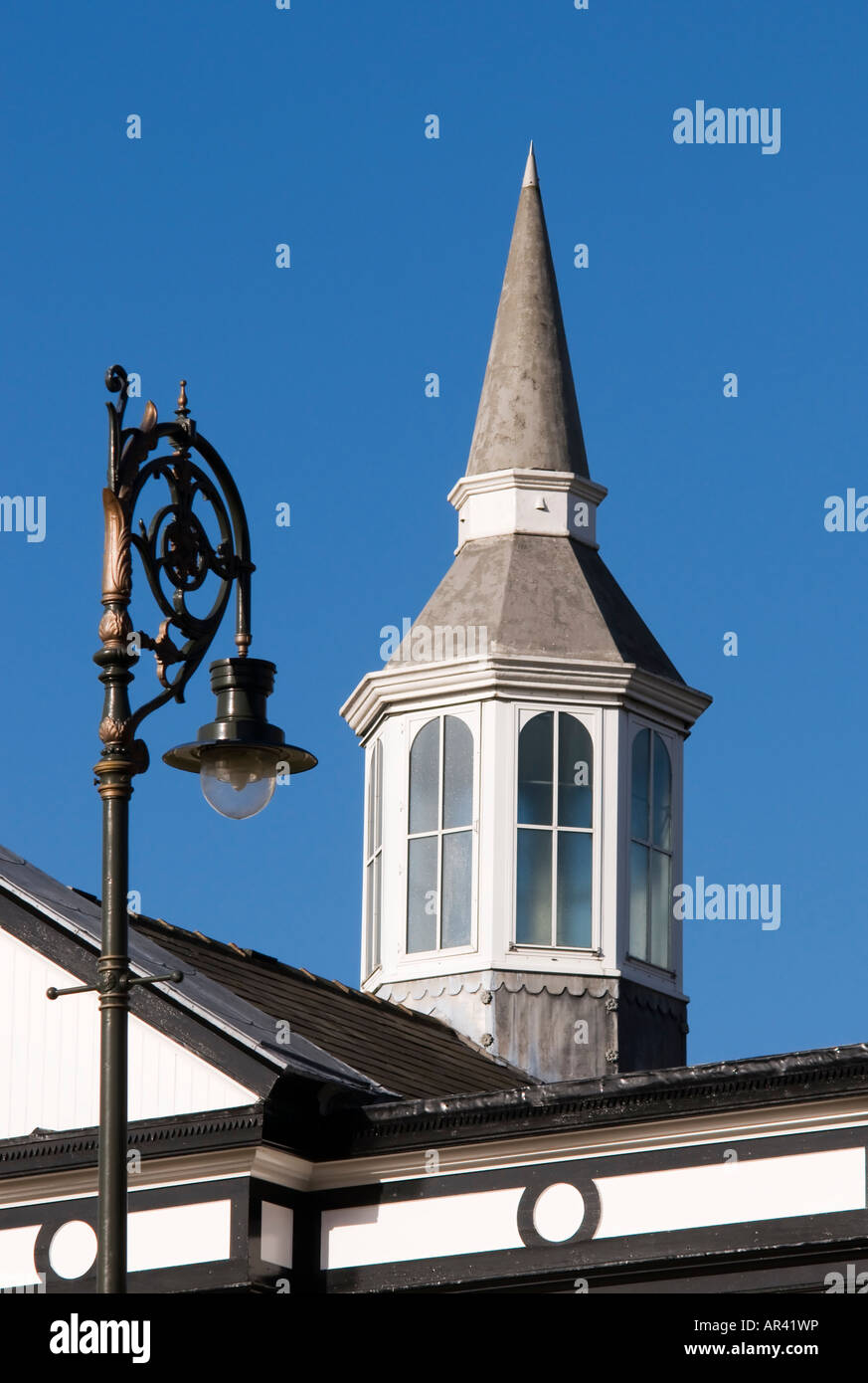 Victorian lamp post and lead covered attic spire on the conservatory adjoining the Opera House in Buxton 'Great Britain' Stock Photo