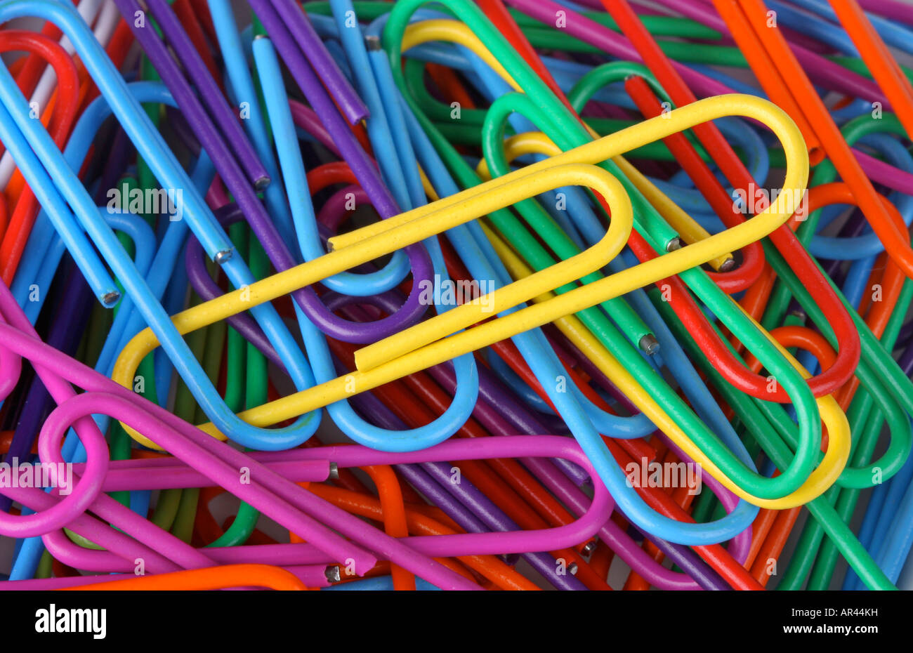 Extreme close up of multi colored paper clips Stock Photo