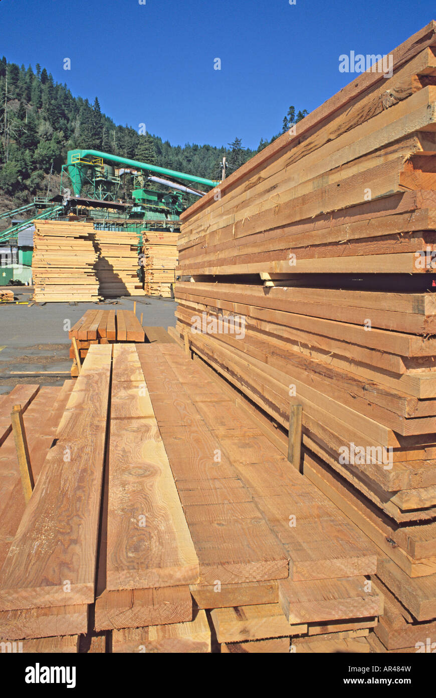 lumber mill wood stack Eel River California Stock Photo Alamy