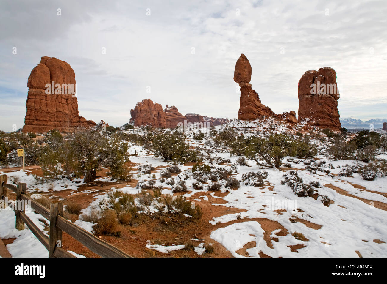 Arches Balance rock with wooden fence Stock Photo