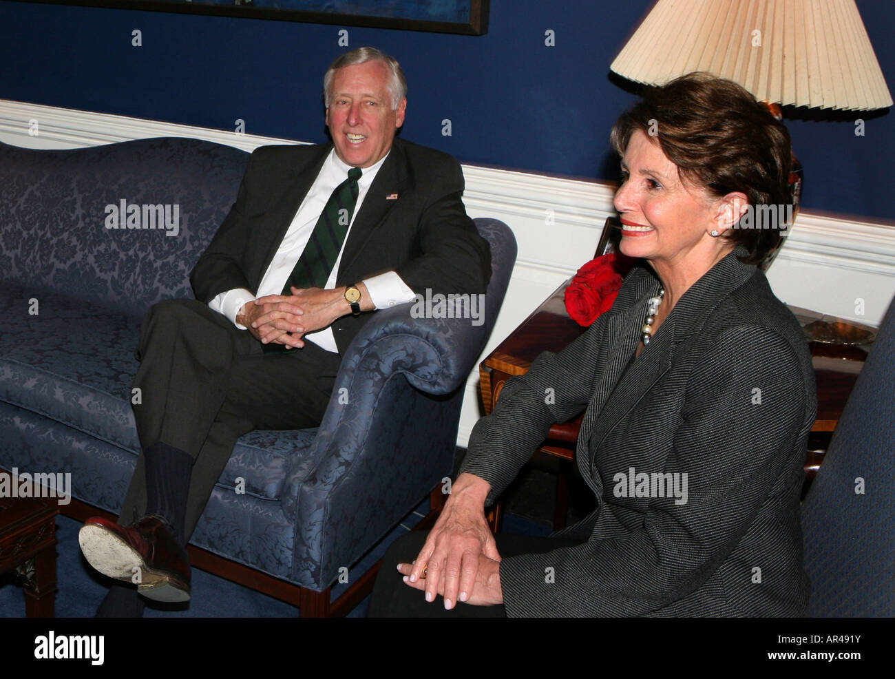 Speaker-designate Nancy Pelosi and House Majority Leader-elect Steny Hoyer talk with media after a meeting Stock Photo