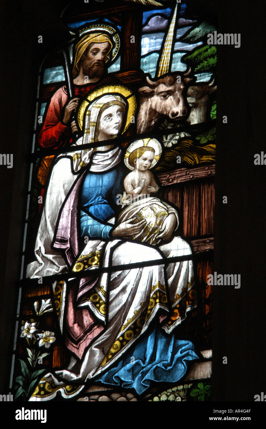 A stained glass window at The Shared Church of St. John The  Baptist of Chipping Barnet North of London. Stock Photo