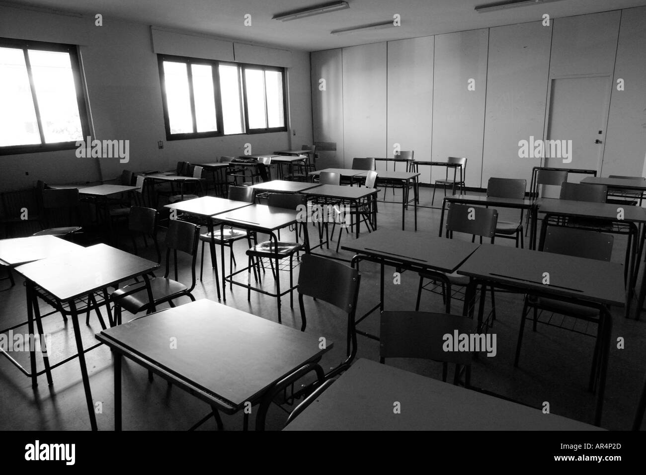 empty classroom black and white
