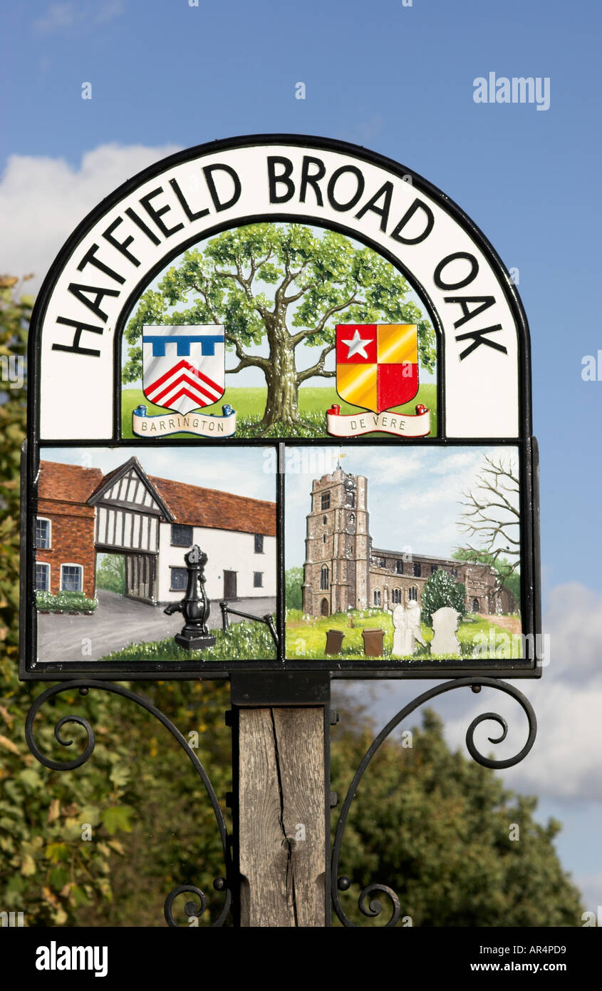 Decorative village sign at entrance to Essex village of Hatfield Broad