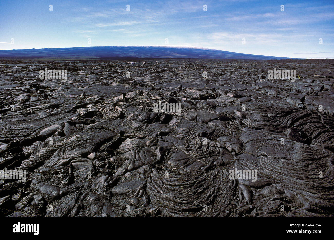 Pahoehoe lava flow with Mauna Loa a shield volcano in distance Saddle