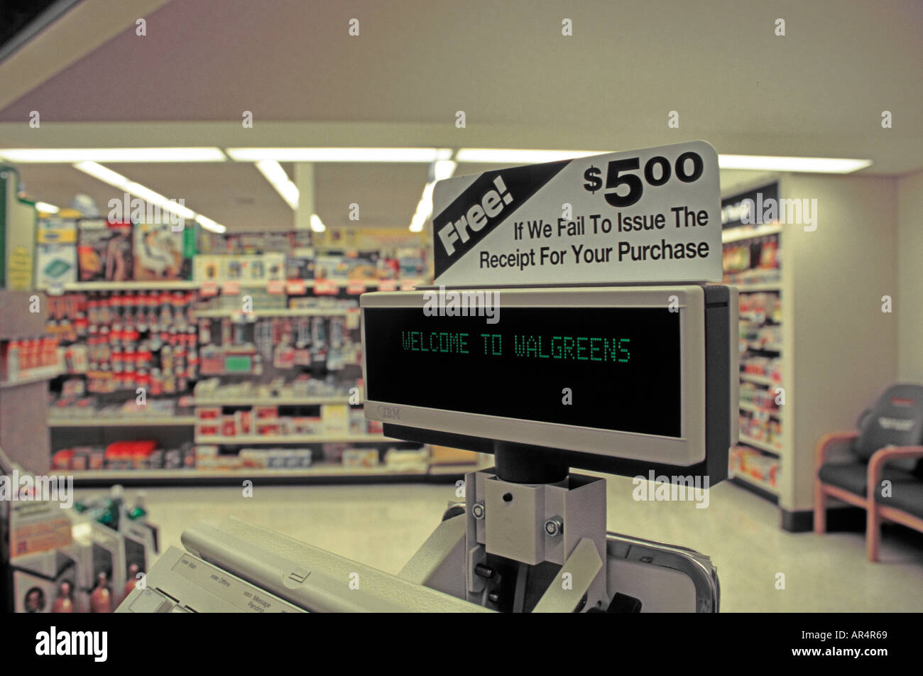Sign on cash register at a Walgreen's, an American national chain of