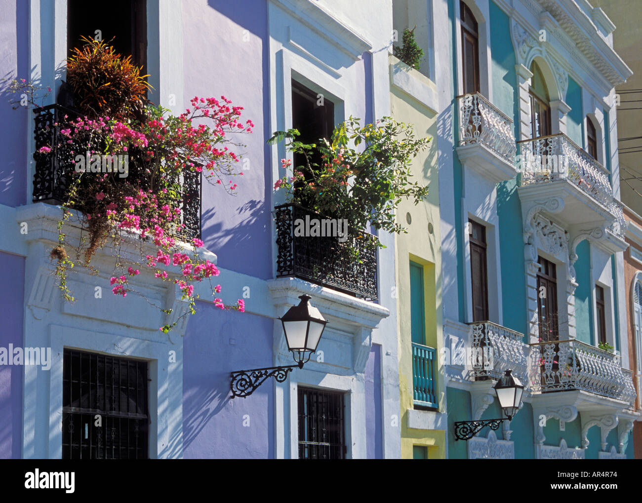 Colorful facade of apartment houses on Calle de Tetuán in Old San Juan Puerto Rico Stock Photo