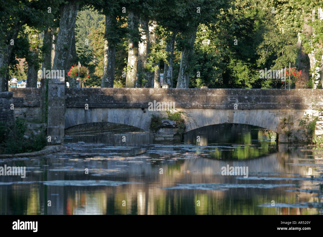 Park garden with bridge and pond Stock Photo