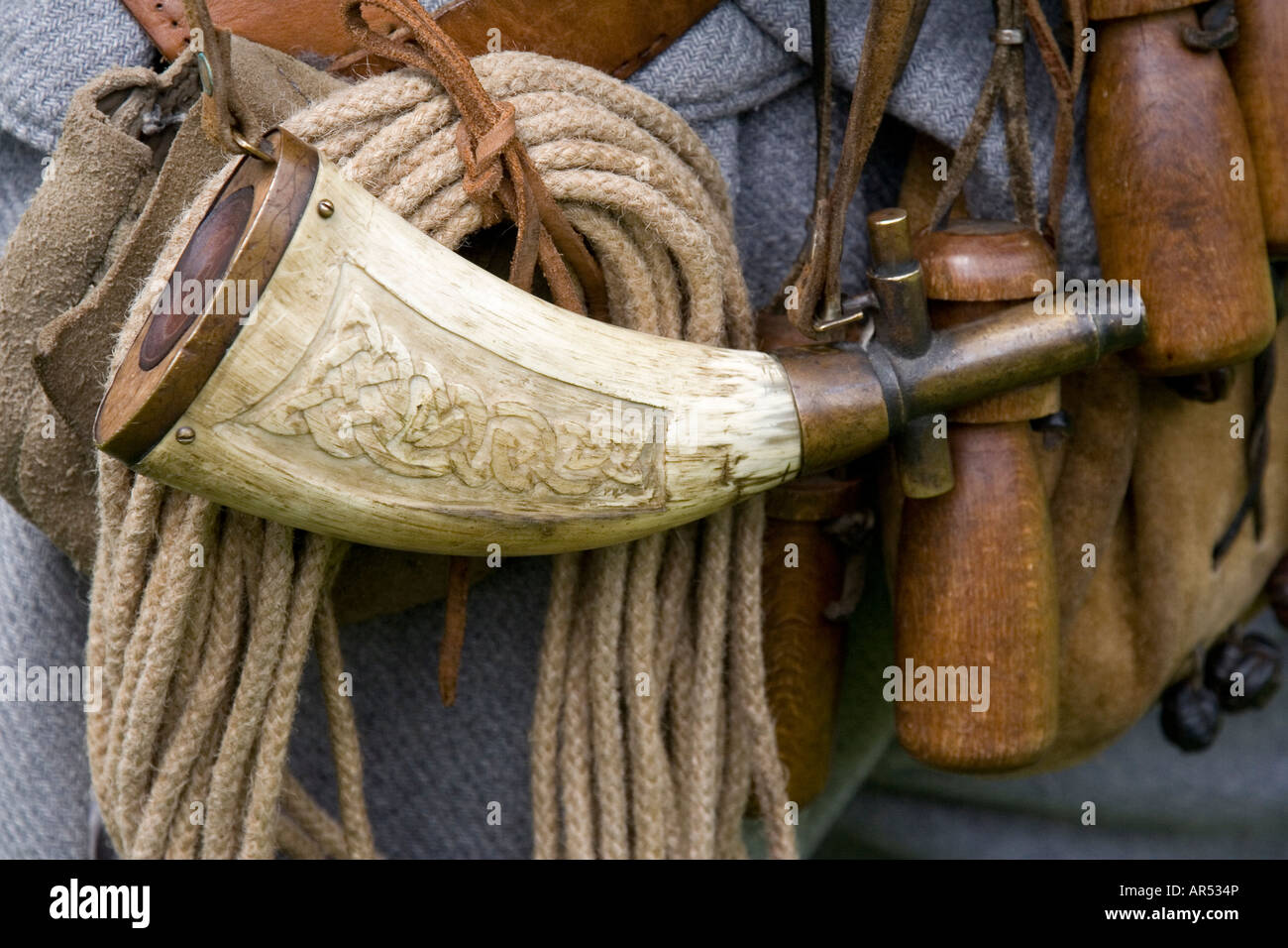 English Civil War Powder Horn and tackle Stock Photo