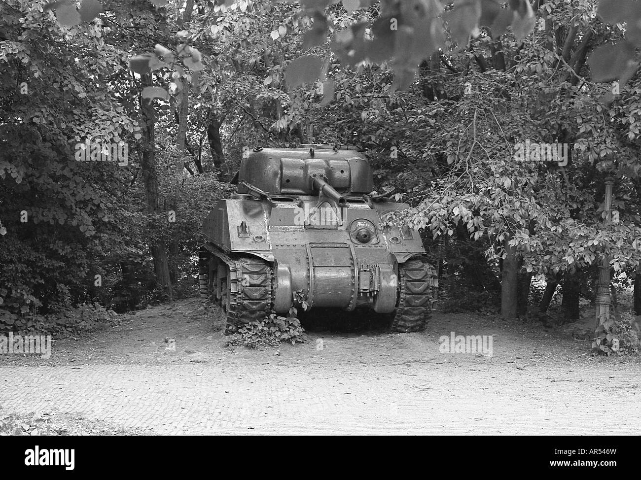 Sherman second world war tank parked in trees in Oosterbeek near Arnhem as tribute to fallen soldiers. Stock Photo