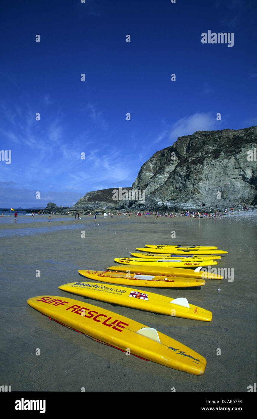Surf rescue paddleboards on the beach at St Agnes Cornwall UK Stock Photo