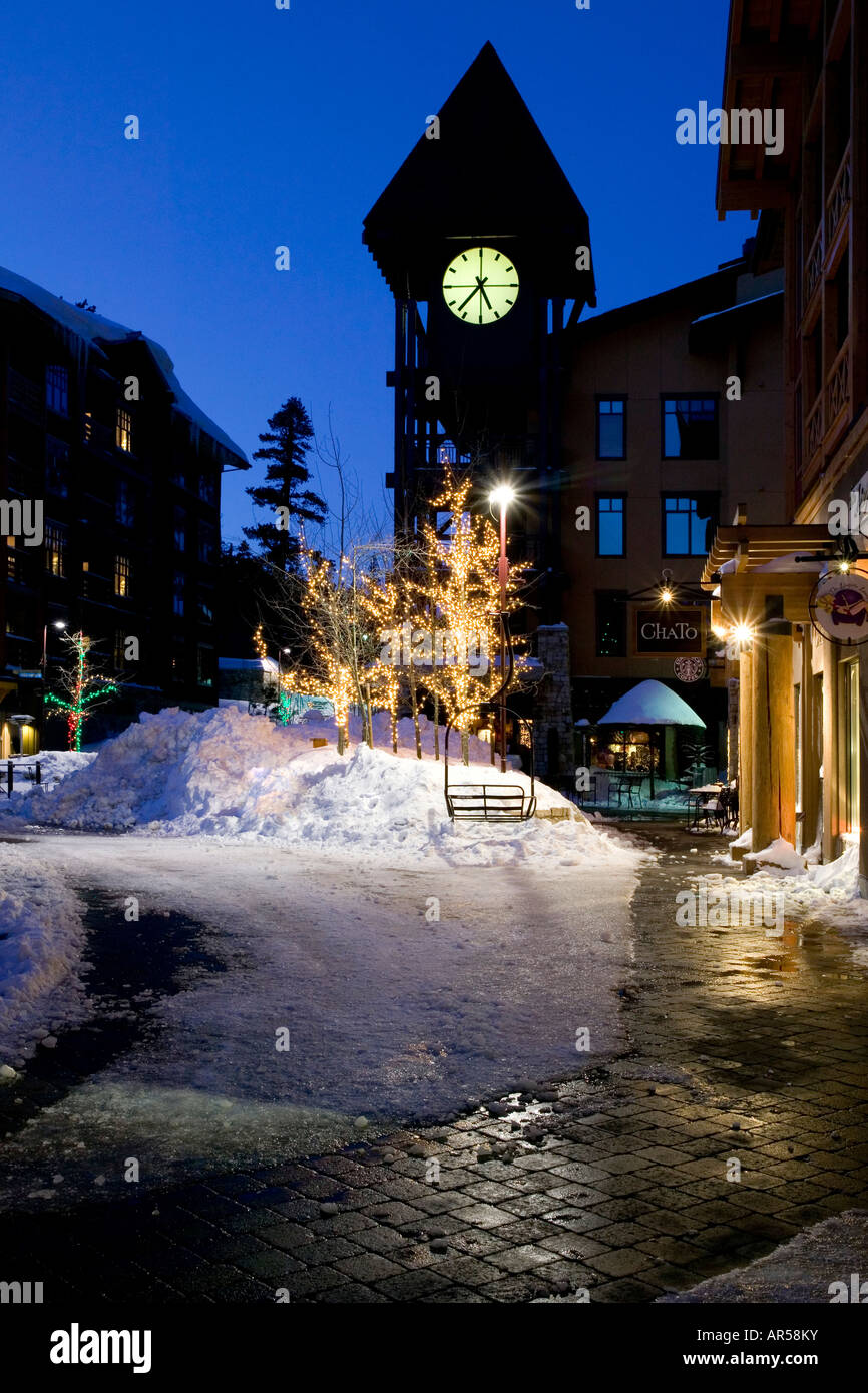 Village at Mammoth Lakes at dusk in winter Stock Photo