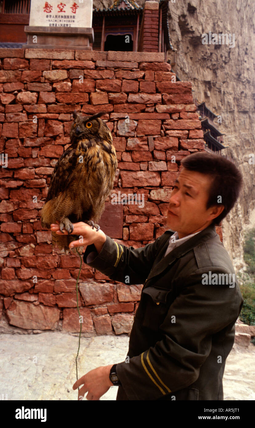 A homed owl perched on a guard's hand at Yungang Grottoes Buddhist temple near the city of Datong in the province of Shanxi. China Stock Photo