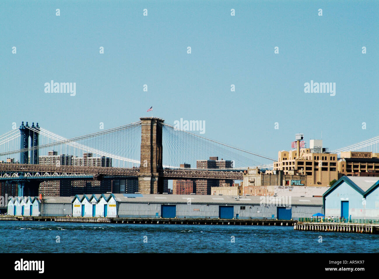 A view from the East River of the Brooklyn docks and waterfront with ...