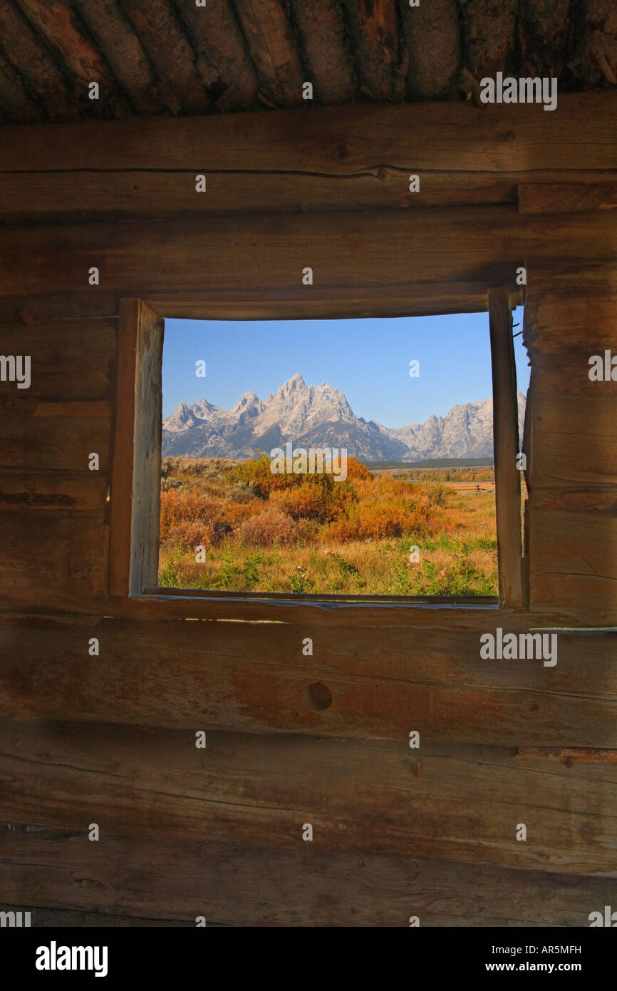 View Through Cunningham Cabin Window, Grand Teton National Park, Wyoming, USA Stock Photo
