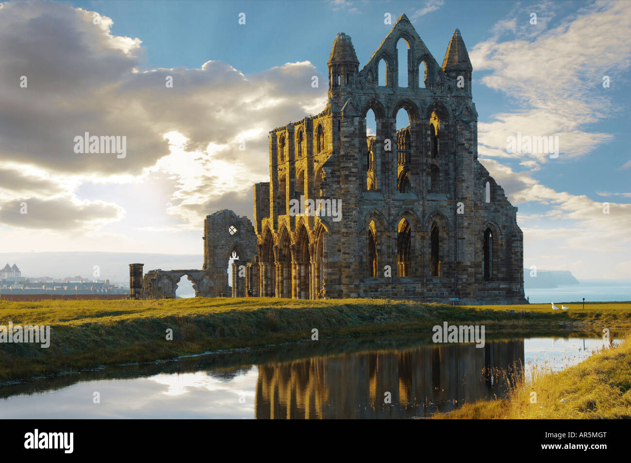 Whitby Abbey with grave stones at sunset North Yorkshire Moors National Park England Stock Photo