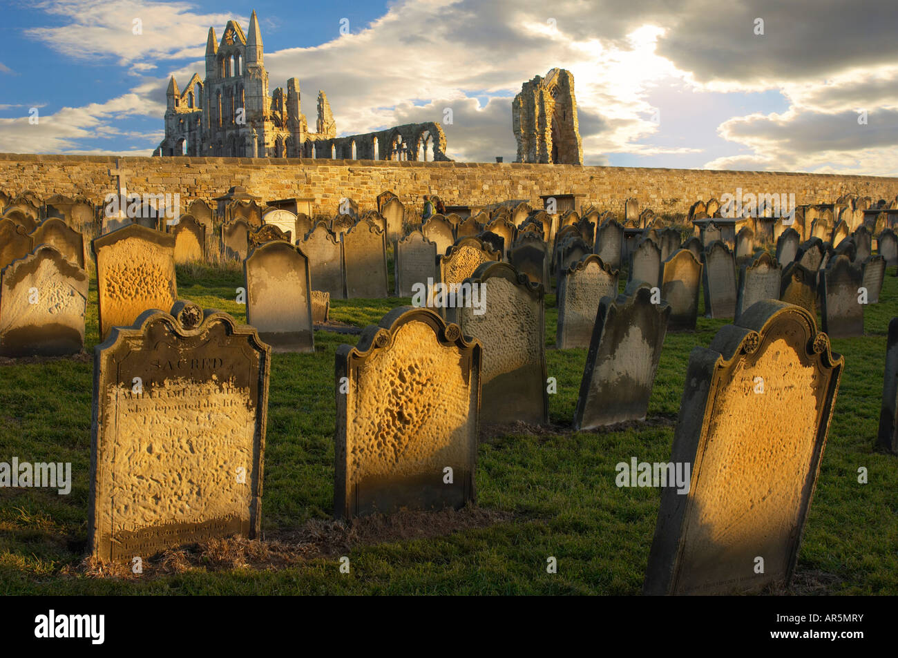 Whitby Abbey with grave stones at sunset North Yorkshire Moors National Park England Stock Photo