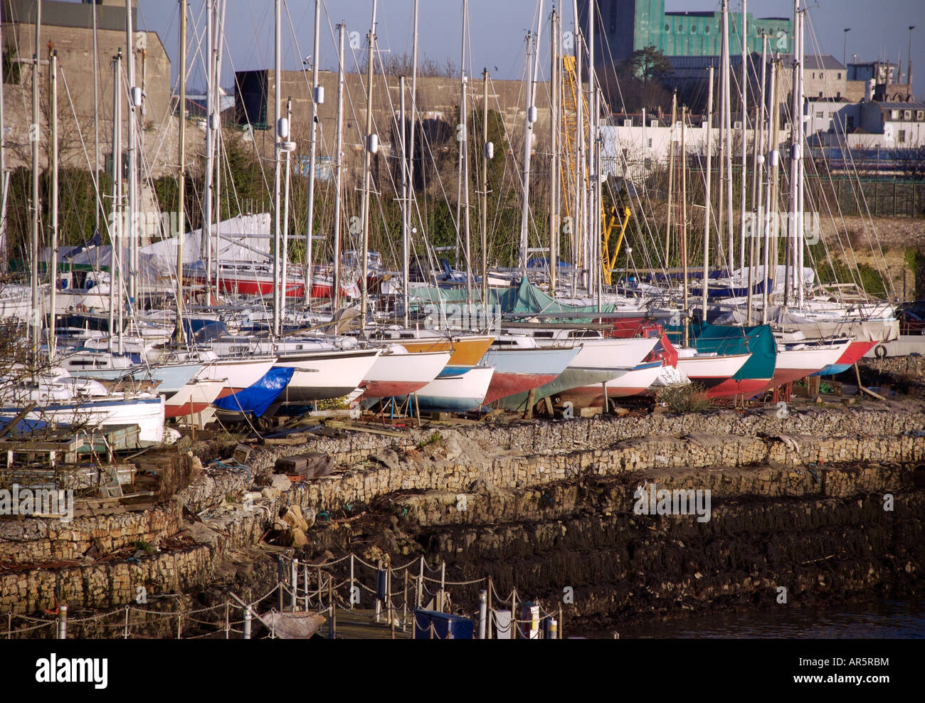 Multi-coloured sailing yachts in marina yard, Plymouth, Devon, UK Stock Photo