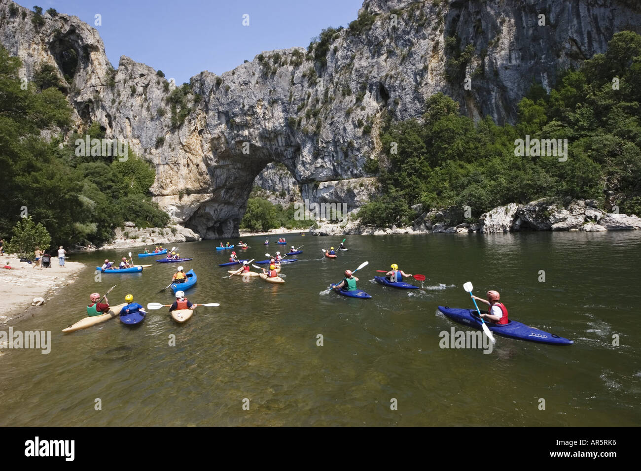 Kajaking on Ardeche river at Pont d'Arc, France, Europe Stock Photo