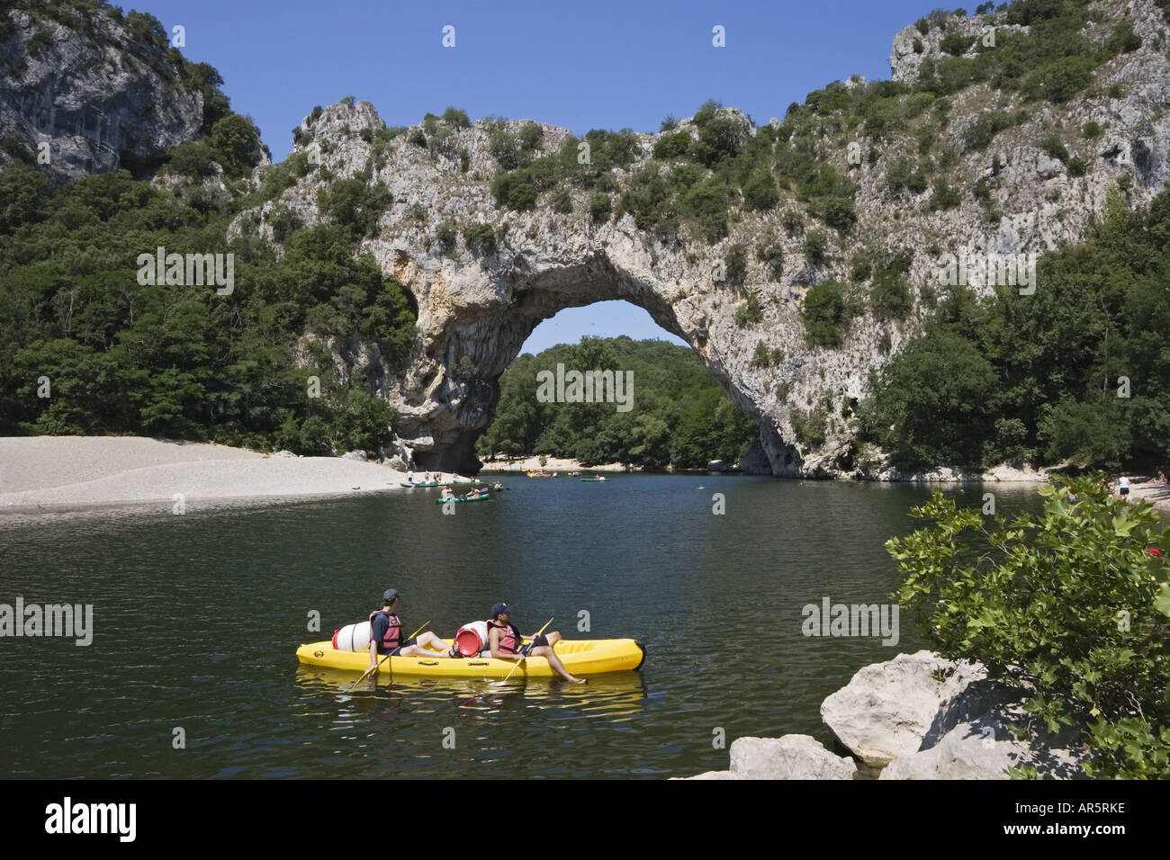 Paddling on Ardeche river at Pont d'Arc, France, Europe Stock Photo